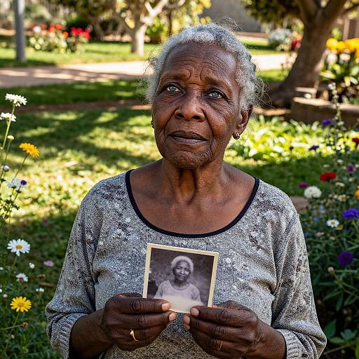 Photograph of an elderly Black woman with gray hair, holding a black-and-white photo of herself, wearing a gray patterned sweater, standing in a