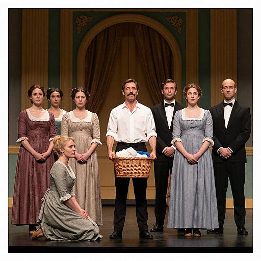 Elegant Theater Scene with Stagehand and Women