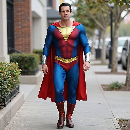 Photograph of a muscular man with short dark hair, wearing a blue and red Superman costume with a gold 
