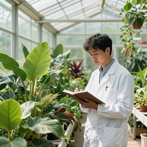 Botanist Observing Plants in Greenhouse