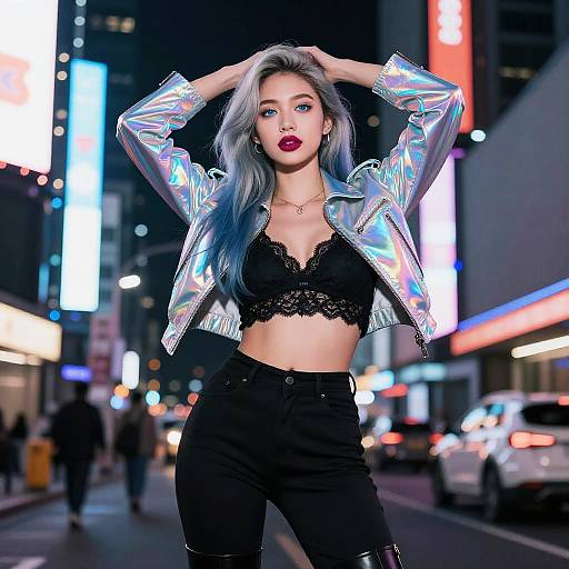 Photograph of a stylish woman with blue hair, wearing a reflective jacket, black lace bralette, and high-waisted pants, posing confidently on