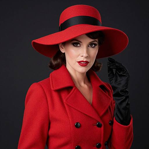 Photograph of a fair-skinned woman with dark brown hair, red lips, wearing a red coat, black gloves, and wide-brimmed red