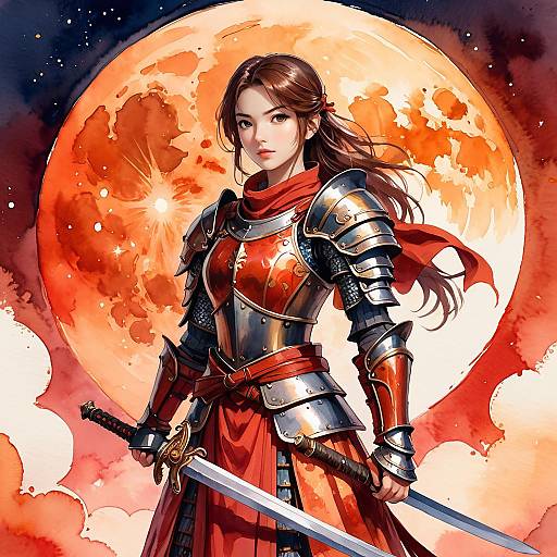Female Warrior with Dual Swords in Red Armor