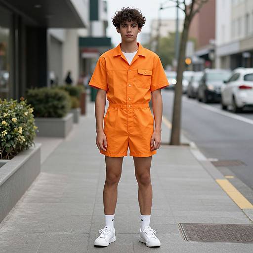 Photograph of a young, curly-haired man in a bright orange, short-sleeve prison jumpsuit, white socks, and white sneakers, standing