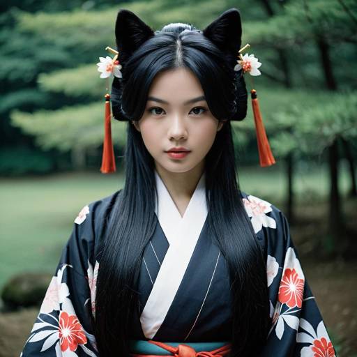 Woman in Traditional Kimono with Cat Ear Hair Accessories