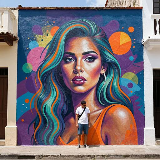 Vibrant street mural of a woman with teal and orange hair, large eyes, and purple lips, standing before a small man in white shirt and