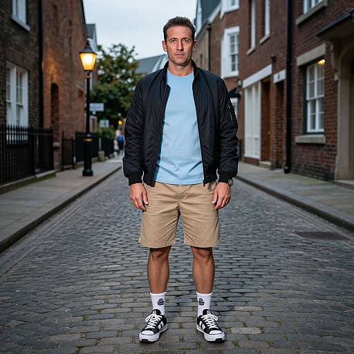 Photograph of a young, Caucasian man with short brown hair, wearing a black jacket, light blue shirt, khaki shorts, white socks, and