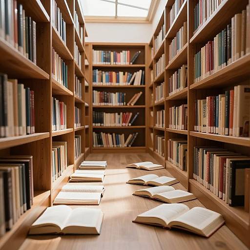 Sunlit Quiet Library with Open Books