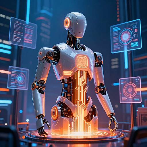 Digital CGI of a glowing, futuristic, white robotic humanoid with neon circuitry, standing in a holographic, neon-lit sci-fi lab.