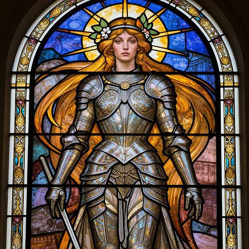 Stained glass window of a serene, armored, long-haired woman with golden hair, holding a sword, surrounded by a blue and gold halo.