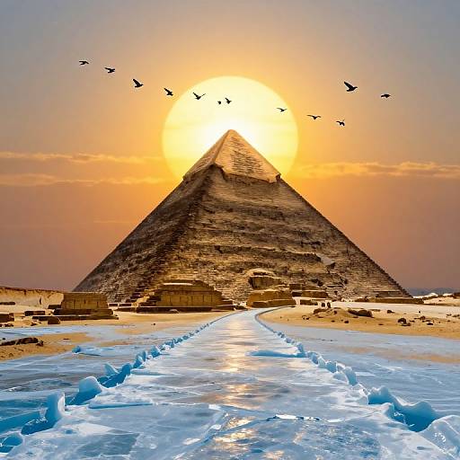 Photograph of the Great Pyramid at sunset with a glowing orange sun, birds flying above, and a icy blue path leading to the pyramid's base.