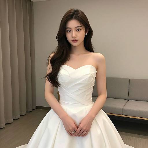 Photograph of an Asian woman with long black hair, wearing a strapless white wedding dress, standing in a modern room with beige curtains and a gray