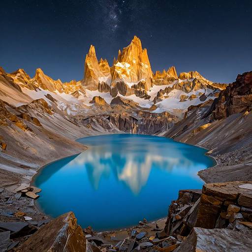 Photograph of a vividly colored glacial lake surrounded by jagged, golden-hued mountains under a starry night sky, with clear, reflective