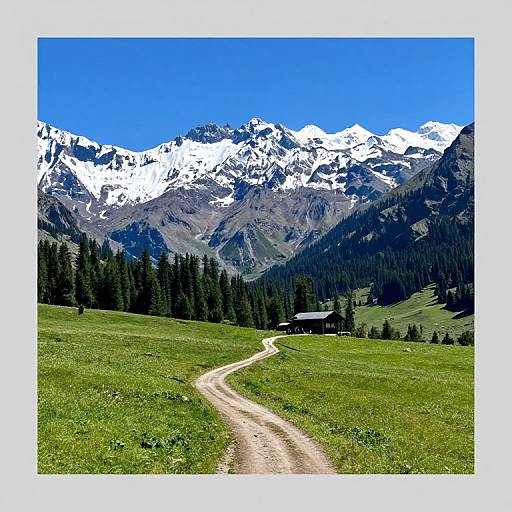 Photograph of a winding dirt path through a green meadow, leading to a small cabin at the forest's edge, with snow-capped mountains and