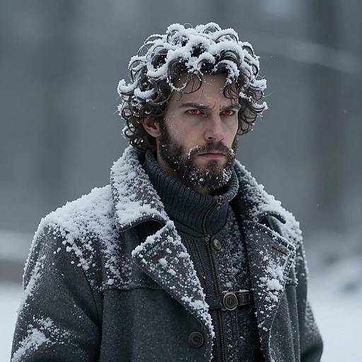 Intense Snow-Covered Man in Fog