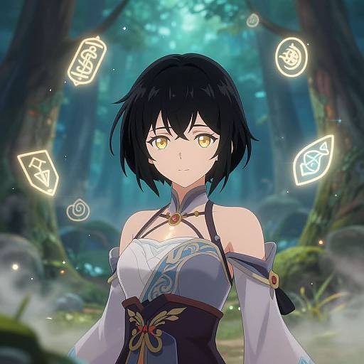 Anime-style digital drawing of a black-haired, yellow-eyed woman with white and purple outfit, glowing magical symbols around her in a misty forest.