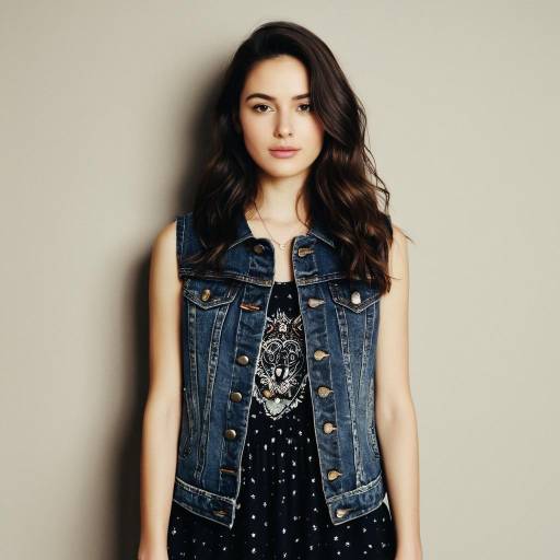 Young Woman in Denim Vest and Graphic Dress