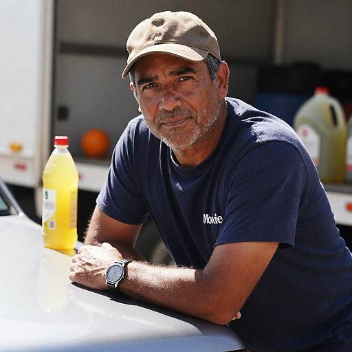 Middle-Aged Man Leaning on Truck Hood