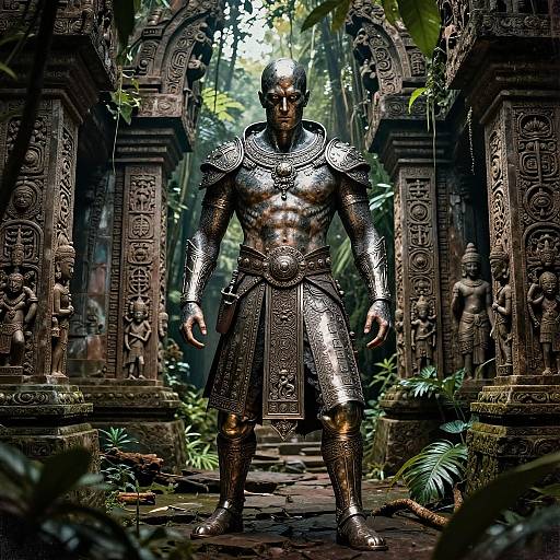 Photorealistic CGI of a muscular, bald, armored warrior standing in an ancient, jungle-covered temple with detailed stone pillars and statues.