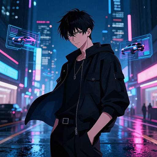 Anime-style digital artwork of a black-haired, brooding young man in a black jacket standing in a neon-lit, rainy city street with holographic