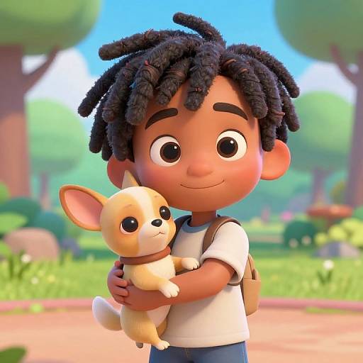 CGI illustration of a smiling, dark-skinned boy with curly black hair, holding a small, cute beige Chihuahua in a sunny,