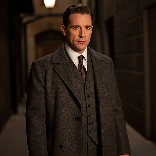Photograph of a handsome, fair-skinned man with dark hair in a three-piece, dark gray tweed suit and red-patterned tie, standing