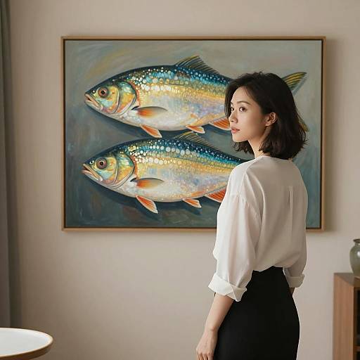 Elegant Woman with Illuminated Fish Painting