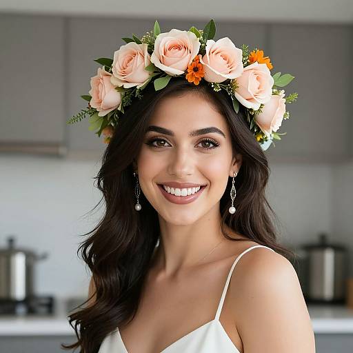Photograph of a smiling woman with long dark hair, wearing a white spaghetti-strap top, and a pink rose flower crown, with pearl earrings,