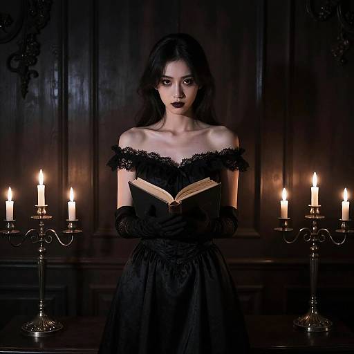 Gothic-style photograph of a pale woman with dark lipstick, black lace off-shoulder dress, and gloves, reading a book, surrounded by