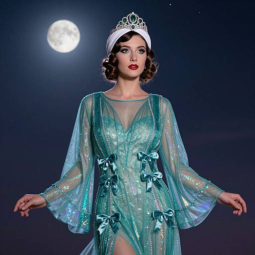 Photograph of a fair-skinned woman with curly brown hair, wearing a shimmering teal evening gown with blue bows, a silver tiara, and