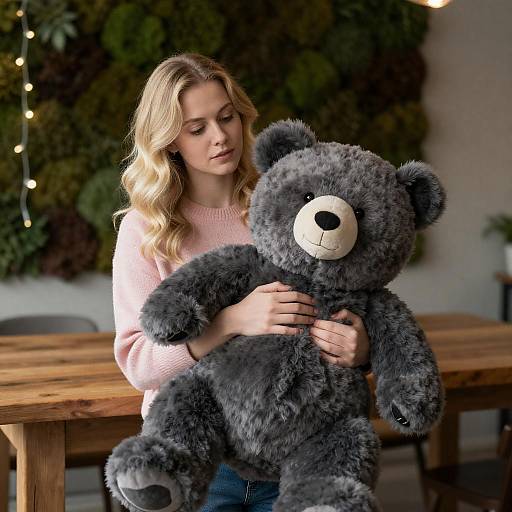 Focused Blonde Woman with Stuffed Bear