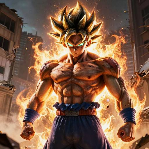Digital art of a muscular, shirtless, anime-style Super Saiyan with spiky black hair, glowing blue eyes, and fiery aura, standing in
