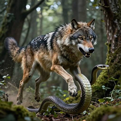 Photorealistic digital art: A fierce, multi-colored wolf with sharp teeth mid-leap, pouncing on a coiled, textured snake in a