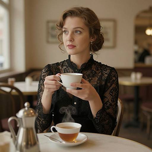 Photograph of a fair-skinned woman with curled brown hair, wearing a black lace blouse, holding a white teacup, seated at a café