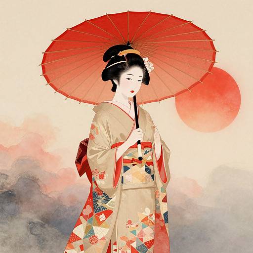 Digital illustration of a serene Japanese woman in a floral kimono, holding a red paper umbrella, with a glowing red sun in the background.