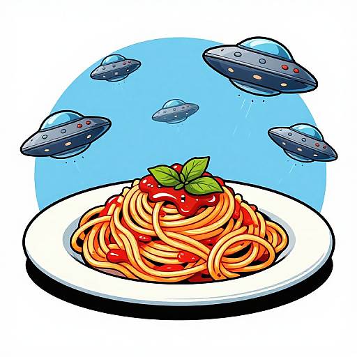 Cartoon-style drawing of spaghetti with red sauce and a green basil leaf, topped by six hovering UFOs against a blue sky.