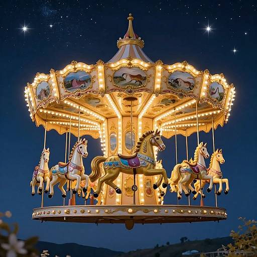 Photograph of a brightly lit, vintage carousel at night, featuring six ornate, colorful horses with golden accents, against a starry blue sky.