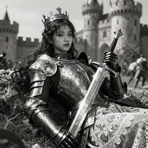 Black-and-white photograph of a young woman in medieval armor with a crown, holding a sword, in front of a castle. Her long hair flows,