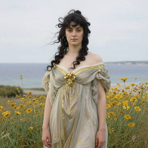 Photograph of a pale-skinned woman with curly black hair, wearing an off-shoulder, gold-embroidered, beige dress, standing