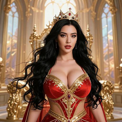 Digital artwork of a fair-skinned woman with long black hair, wearing a red and gold regal dress, crown, and large breasts, standing in