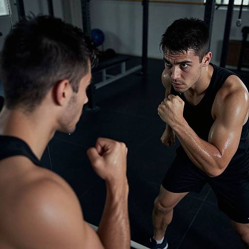 Photograph of two muscular, sweaty men in black tank tops and shorts, boxing in a dimly lit gym, focusing intensely.