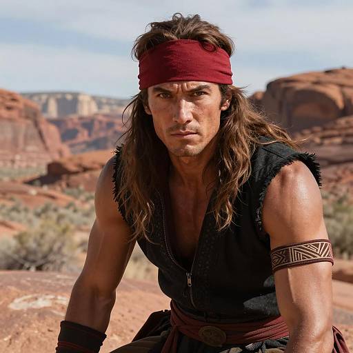 Muscular Man with Tribal Band in Desert Landscape