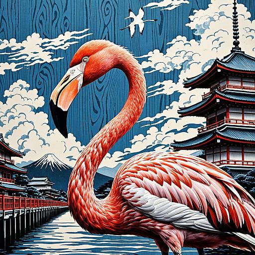 Flamingo Elegance with Hokusai Influence