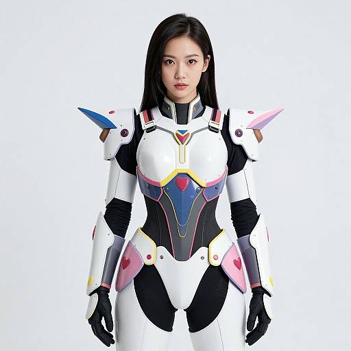 Photorealistic digital image of an Asian woman in futuristic, white and black armored suit with colorful accents, standing against a white background.