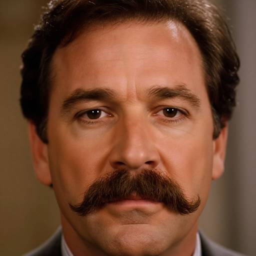 Photograph of middle-aged man with brown hair, thick mustache, and serious expression, wearing a gray suit, against a blurred background.