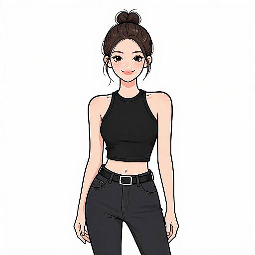 Stylish Young Woman in Black Crop Top and Jeans