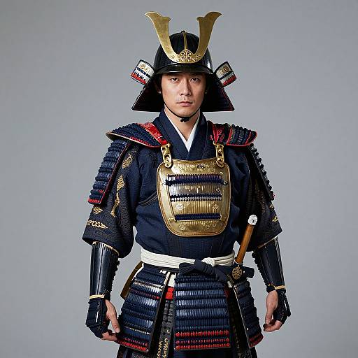 Photograph of a Japanese samurai in traditional armor, featuring black and gold samurai helmet, black armor with red and gold accents, and white belt