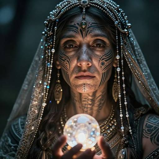 Photograph of a tribal woman with black facial tattoos, wearing a beaded headpiece and veil, holding a glowing orb, illuminated by its light,