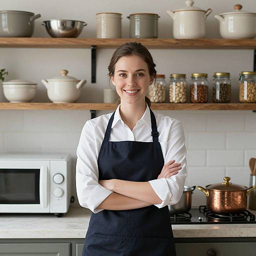 Photograph of a smiling young woman with fair skin, brown hair in a ponytail, wearing a white shirt and black apron, standing in a