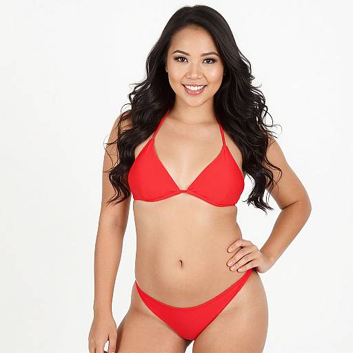 Photograph of a smiling Asian woman with long black hair, wearing a bright red bikini, standing against a plain white background.